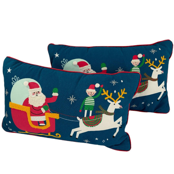 Christmas Santa On Sleigh Reindeer Embroidered Throw Lumbar 2 Pillows 19 X 11 In - Picture 2 of 7